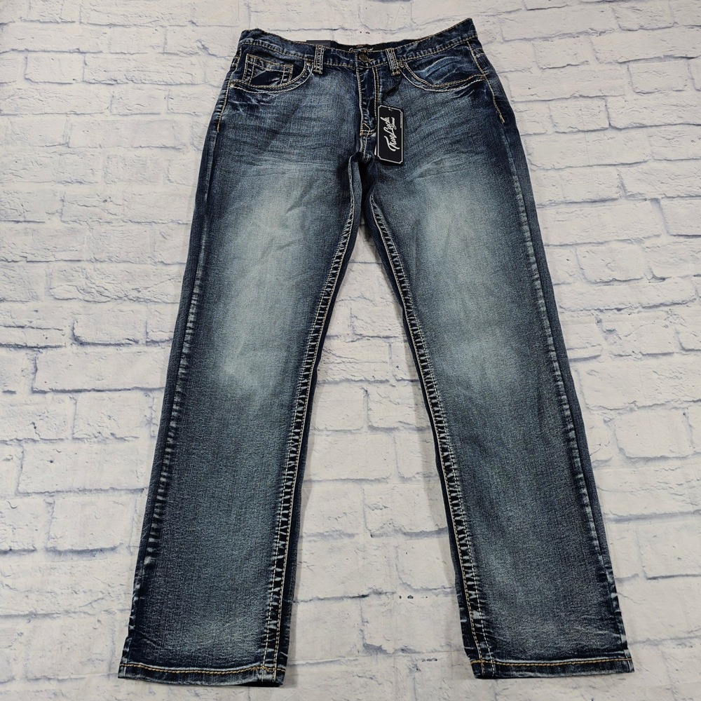 True Luck Straight Leg Jeans MENS 34x32 Blue Dark Wash Embroidered Flap Pocket
